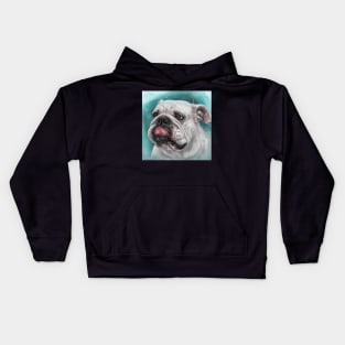 Close Up Painting of a White Bulldog With Its Tongue Out, Blue Background Kids Hoodie